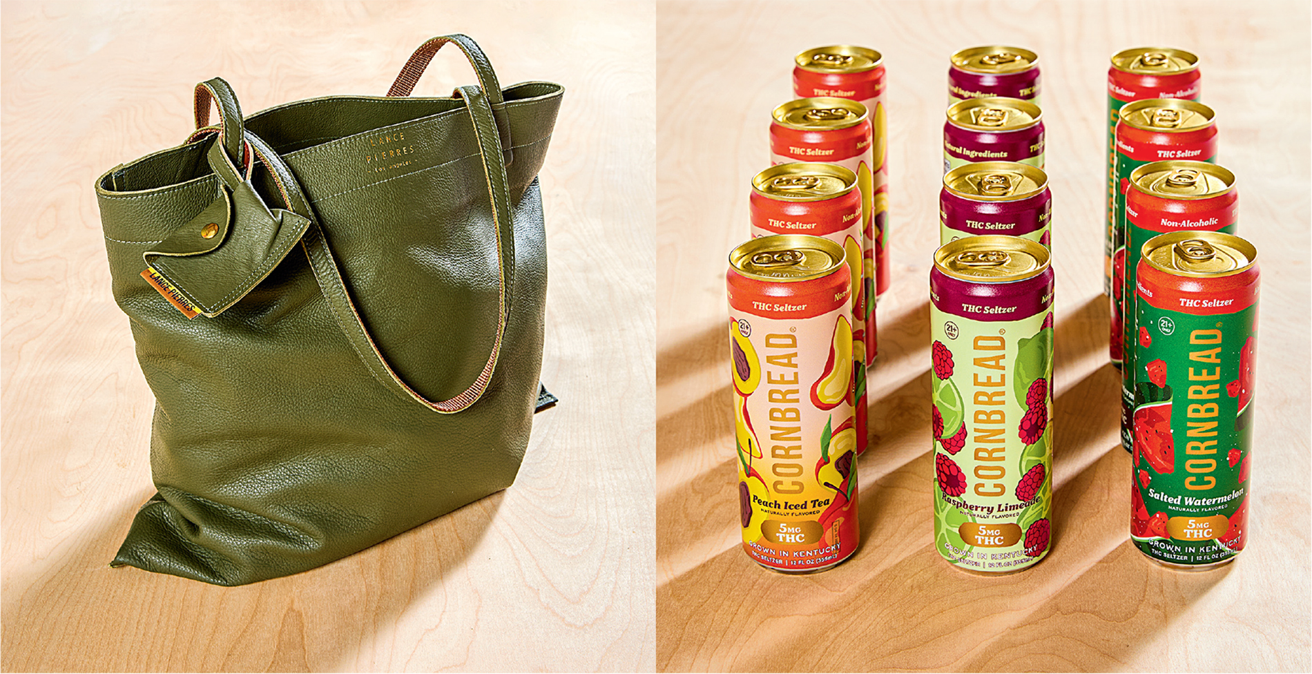 diptych with leather tote and array of spritzer cans